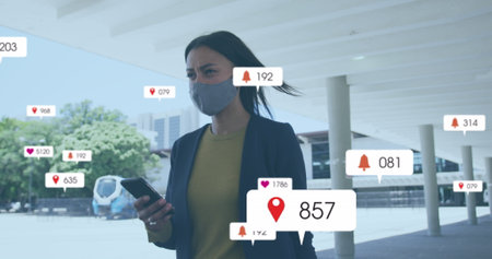 Image of multiple social media icons over woman in face mask outdoors. Social media networking and...