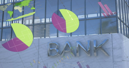 Image of statistical data processing against tall bank building. Business data and analytics technology conceptの写真素材