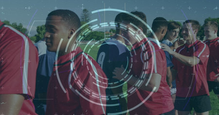 Image of scope and data processing over two teams of diverse male football players in field. Global...