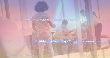 Image of interference over diverse business people at office. Global business, technology and...