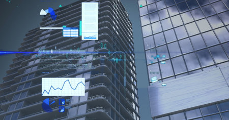 Image of statistical data processing against tall buildings. Global business data and analytics...