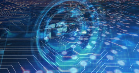 Image of nft text, data processing and scope with computer circuit board. Global online security,...