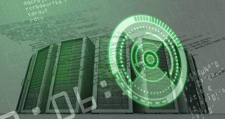 Showing four perforated server racks streaming code in data center, with green holographic overlay....