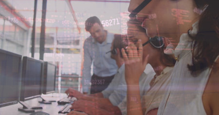 Image of financial data processing over diverse business people using phone headsets. Global...