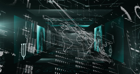 Image of data processing with world map on black background. Global technology, computing and...