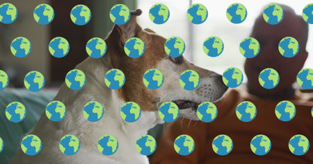 Image of globe icons over dog. Global ecology and digital interface concept digitally generated image.の写真素材