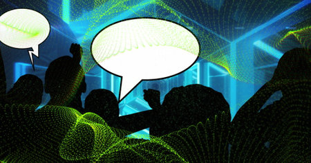 Image of spots moving over people and digital tunnel. Global business and digital interface concept...