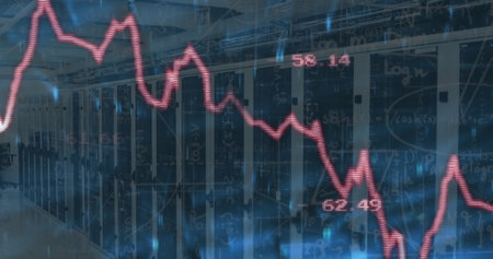 Displaying server racks humming in data center room, with LED lights and red line graph overlay. Technology, infrastructure, data, networking, digital, futuristic, analyticsの写真素材
