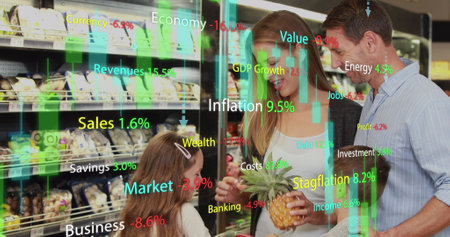 Image of financial data processing with graph over caucasian family at grocery. Global business, finances and digital interface concept digitally generated image.の写真素材