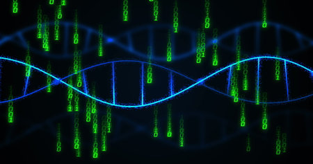 Image of data processing over dna strands. Global business and digital interface concept digitally...