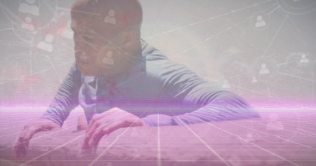 Image of network of profile icons over african american fit man climbing at obstacle course. Sports...