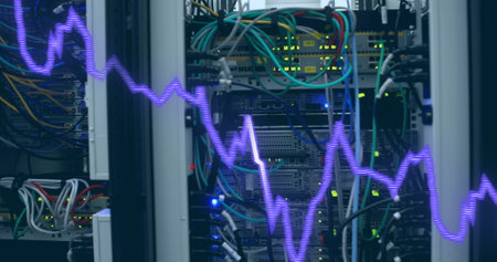 Image of graph over server room. Global business, finances and digital interface concept digitally...