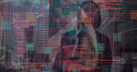 Image of data processing over african american businesswoman talking on smartphone. Global networking and business technology conceptの写真素材