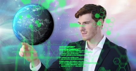 Image of globe and connections over businessmen shaking hands. Global business and networking technology concept.の写真素材