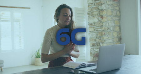 Image of 6g text over caucasian businesswoman having image call. Global business and digital interface concept digitally generated image.の写真素材