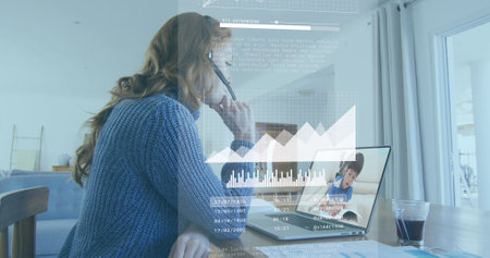 Image of network of connections over businesswoman using phone headset. Global business digital...