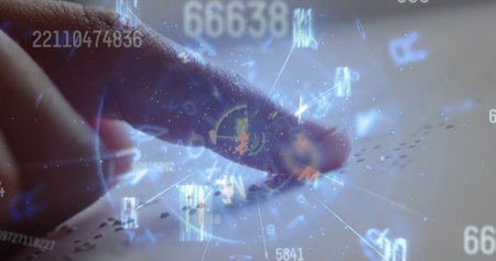 Image of changing numbers and glowing tunnel over close up of a finger reading in braille. School and education conceptの写真素材