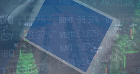 Image of stock market data processing against close up of a person holding digital tablet. Global...