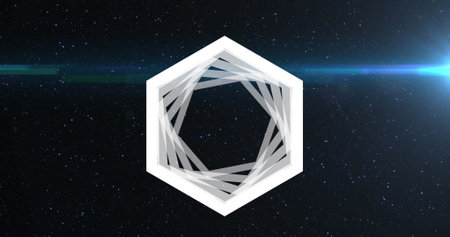 Image of abstract hexagonal shape spinning over blue light spot against black background. Computer interface and business technology conceptの写真素材