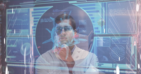 Image of medical data processing over students studying. Global medicine data processing and digital interface concept digitally generated image.の写真素材