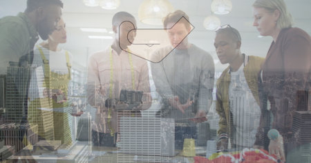 Image of hand icon over diverse businesspeople in office and cityscape. Business, communication and social media concept digitally generated image.の写真素材