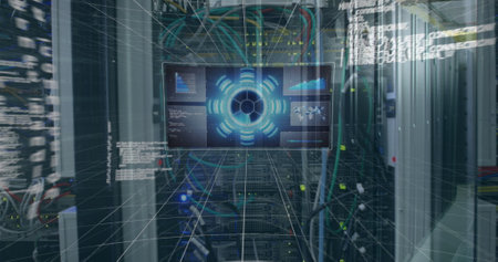 Image of data processing over server room. Global technology, computing and digital interface...
