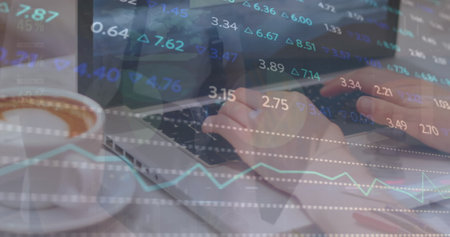 Image of financial data processing over caucasian woman using laptop. Global business, data...
