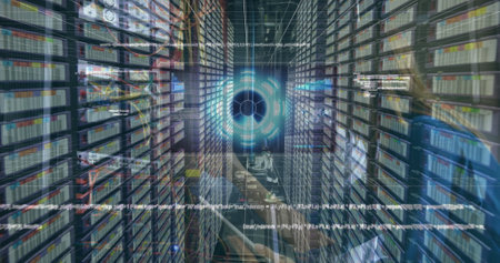 Image of data and caucasian man checking servers. Network, computers, data and technology concept digitally generated image.の写真素材