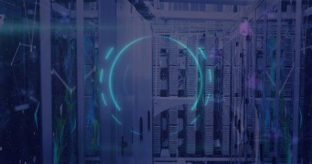 Image of neon circles over servers and shapes. Digital screen, interface and technology concept...