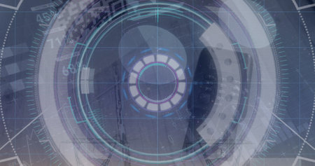 Image of turning blue and blue scope scanning over unk. Global business and digital interface concept digitally generated image.の写真素材