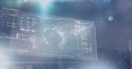 Image of data processing on screens. Global connections digital interface and computing concept digitally generated image.の写真素材