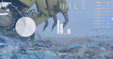 Positioning excavator claw grabbing plastic waste heap at landfill with data overlays, copy space....