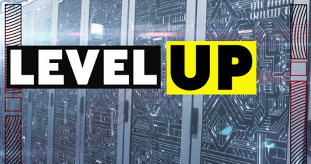 Image of level up text in white and black over computer server room. Global communication, social...