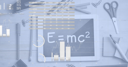 Image of digital infographic interface over tablet with equation and stationery on table. Digital composite, multiple exposure, report, finance, mathematics, education, technology concept.の写真素材