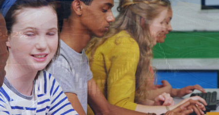 Image of multiracial students using computers in classroom over globe and graphs. Digital composite,...
