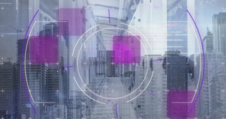 Image of data processing over cityscape and computer servers. Global computing, data processing and...