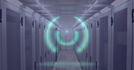 Image of neon circles with power over servers. Global network, data and technology concept digitally...