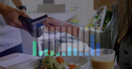 Image of graph over male barista taking card payment from customer. Global communication, business,...