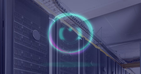 Image of neon circle with power button over servers. Global computers, network, data and technology...