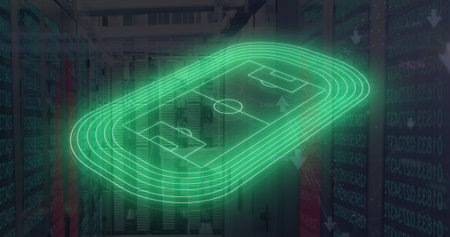 Image of green neon football stadium and data processing over computer server room. Global communication, sports, data and digital interface concept digitally generated image.の写真素材