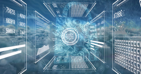 Image of multiple interface screens with processing data over blue cloudy sky. Global communication,...