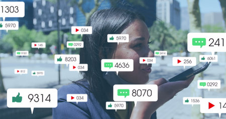 Social media icons and digital icons over increasing numbers against cityscape. Global social media...