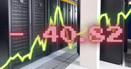 Displaying green line graph with red numeric overlay over black cabinets in data center corridor....