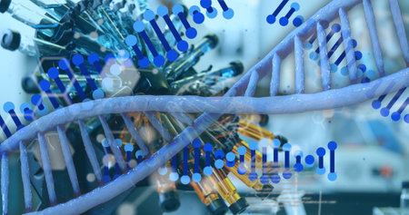 Showing blue DNA helix twisting above lab bench, with molecular device connectors and cables....