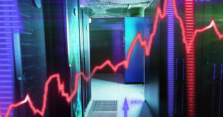 Displaying data center corridor with server cabinets, raised tiles and red financial graph overlay....