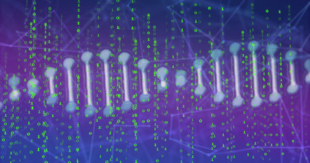 Image of dna strand spinning over network of connections with icons. Global education science...