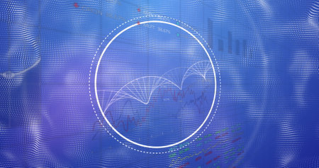 Displaying circular graph showing multi-peaked arc and NFT 38.67% text on dotted mesh in dashboard. Data, analytics, technology, visualization, digital, interface, dashboardの写真素材