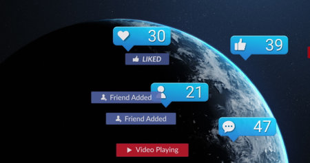 Image of social media notifications processing data over globe on black background. Global...