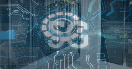 Image of lines rotating and creating circle with 5g text, moving lines over server room. Digital...