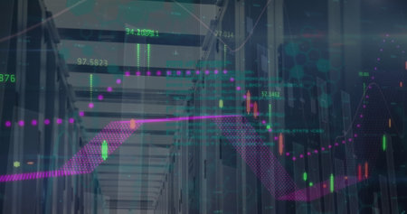 Image of financial data and graphs over servers. Network, finance, data processing and technology...